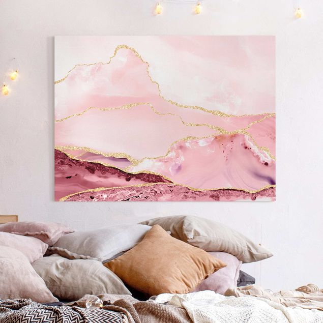 køkken dekorationer Abstract Mountains Pink With Golden Lines