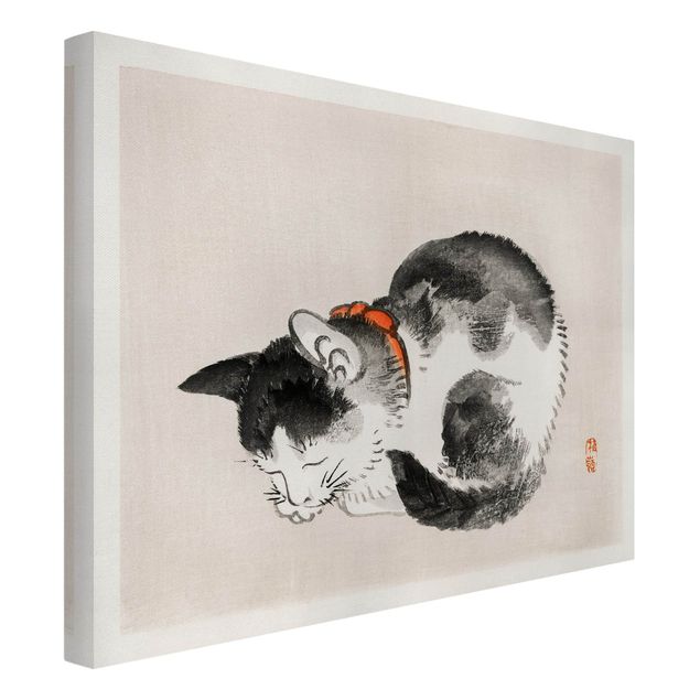 Billeder på lærred sort og hvid Asian Vintage Drawing Sleeping Cat