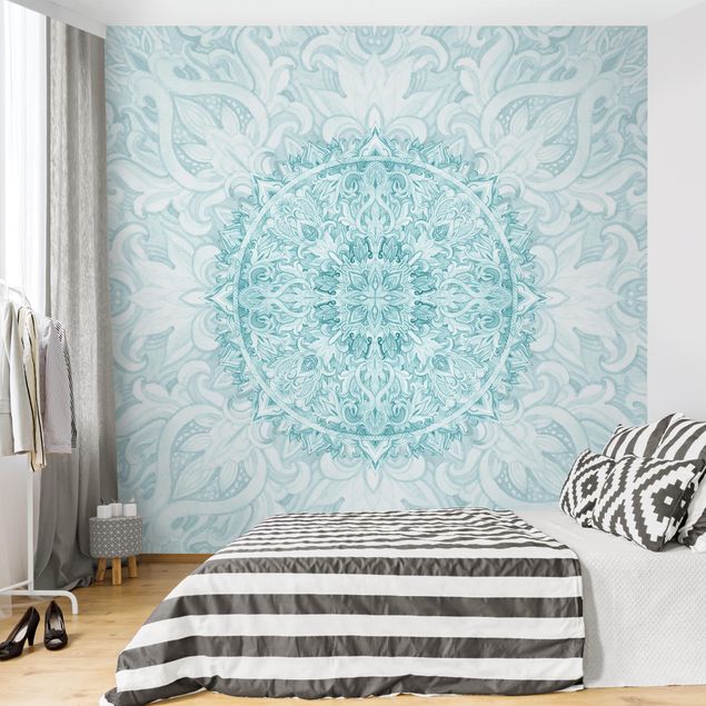 Mønstret tapeter Mandala Watercolour Ornament Turquoise
