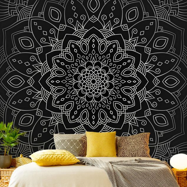 Mønstret tapeter Mandala Flower Pattern Silver Black
