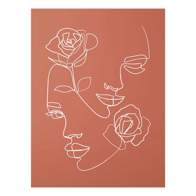 Glasbilleder blomster Line Art Faces Women Roses Copper