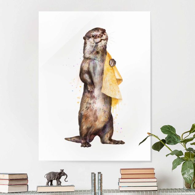 Glas magnettavla Illustration Otter With Towel Painting White