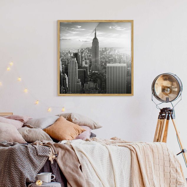 Indrammede plakater sort og hvid Manhattan Skyline