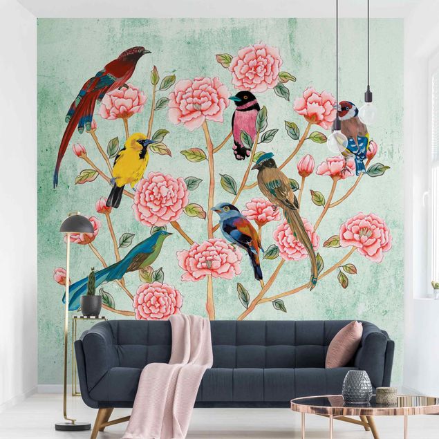 Blomster tapet Chinoiserie Collage In Mint