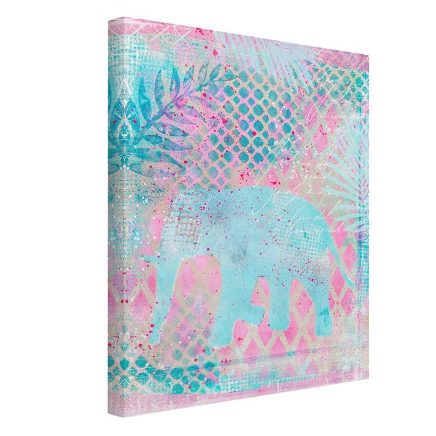 Billeder landskaber Colourful Collage - Elephant In Blue And Pink