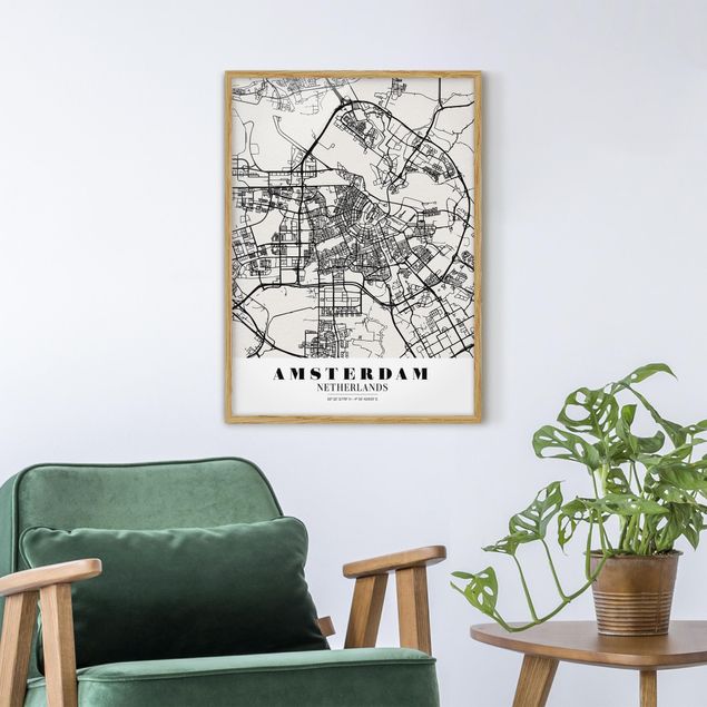 Indrammede plakater sort og hvid Amsterdam City Map - Classic