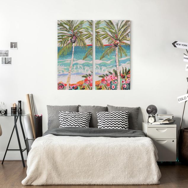 Billeder på lærred landskaber Palm Tree With Pink Flowers Set I