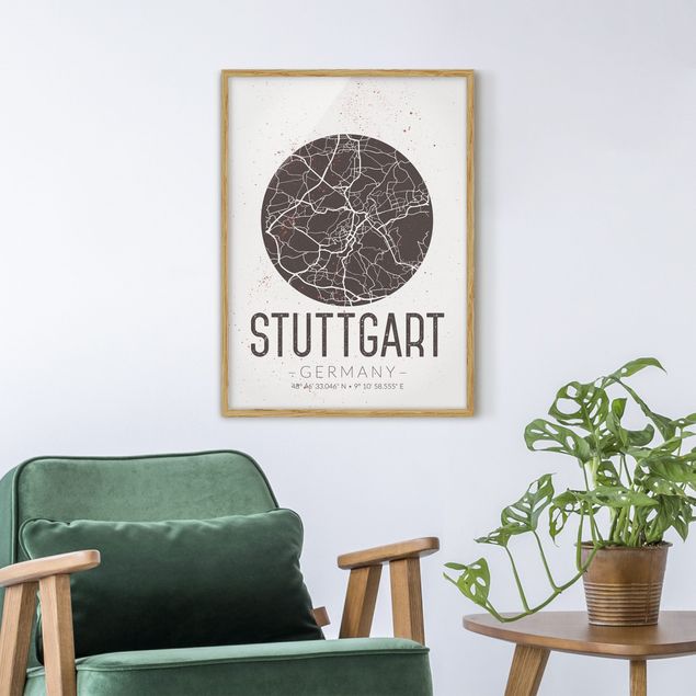 Indrammede plakater sort og hvid Stuttgart City Map - Retro