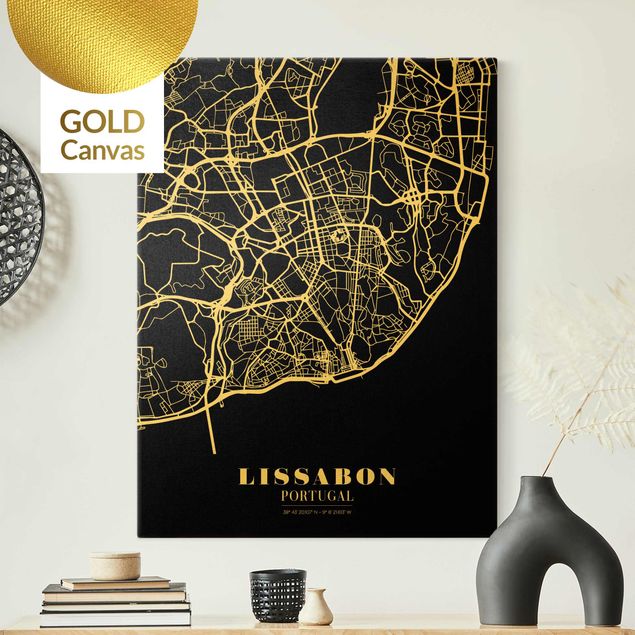 Billeder på lærred verdenskort Lisbon City Map - Classic Black