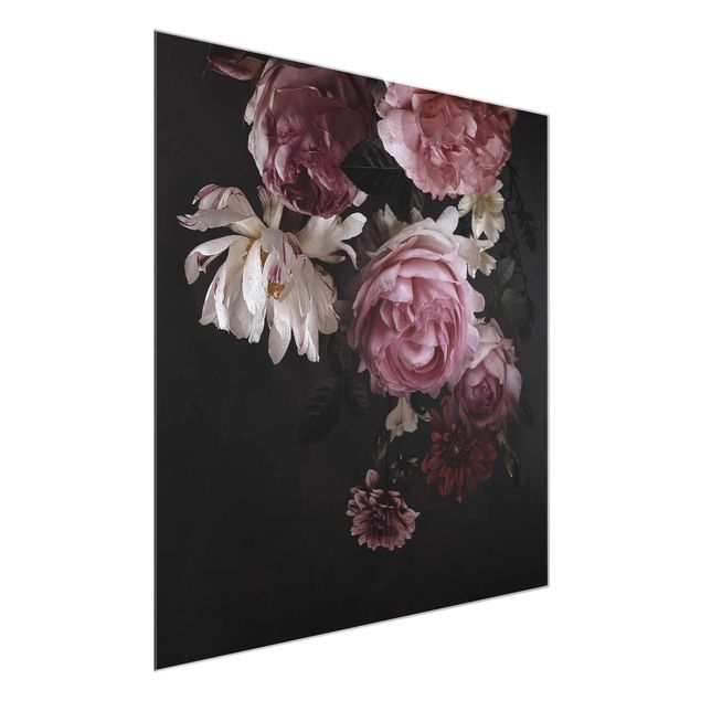 Glasbilleder blomster Pink Flowers On Black