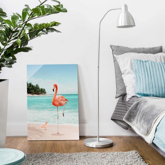 Glasbilleder landskaber Beach With Flamingo