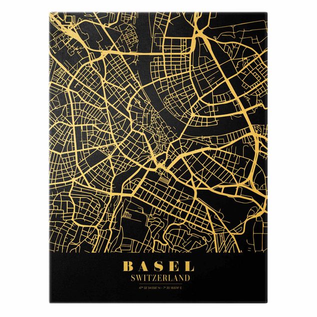 Billeder på lærred guld Basel City Map - Classic Black
