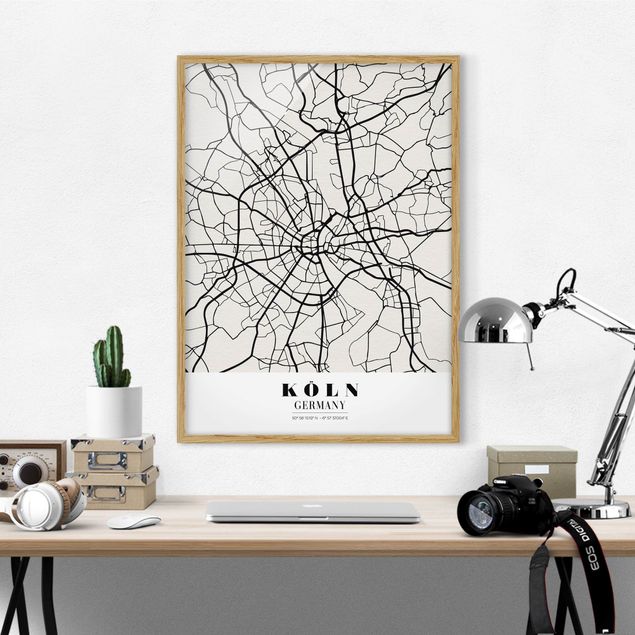 Indrammede plakater sort og hvid Cologne City Map - Classic