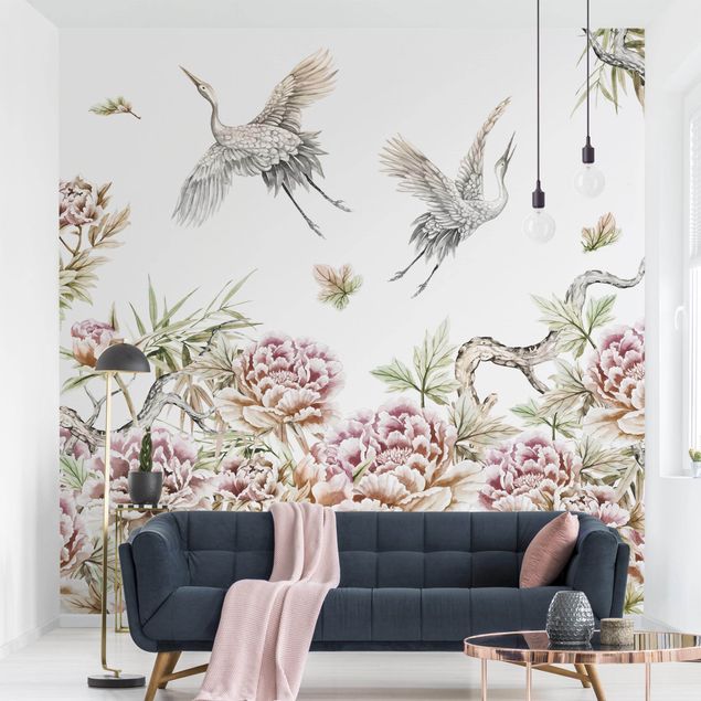 Tapet roser Watercolour Storks In Flight With Roses