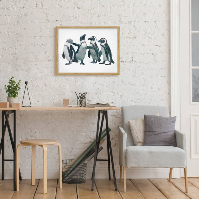 Indrammede plakater vintage Illustration Penguins Black And White Watercolour
