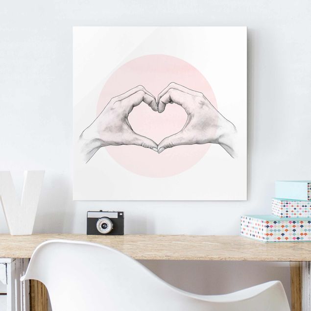 Glas magnettavla Illustration Heart Hands Circle Pink White
