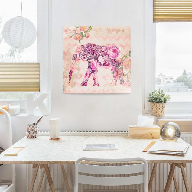 køkken dekorationer Vintage Collage - Pink Flowers Elephant