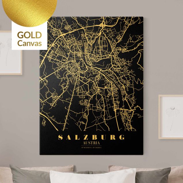 Billeder på lærred verdenskort Salzburg City Map - Classic Black