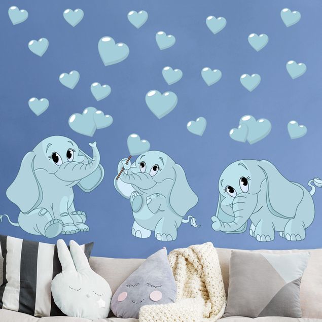 Børneværelse deco Three blue elephant babies with hearts