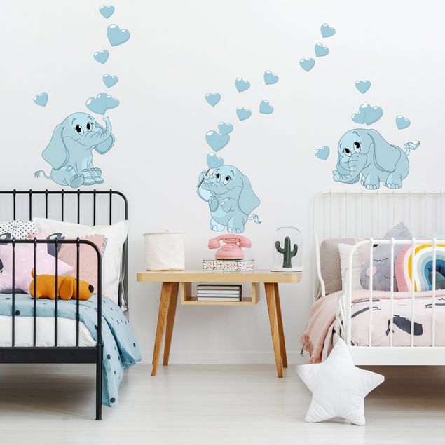 Wallstickers kære Three blue elephant babies with hearts