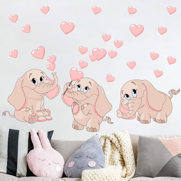Wallstickers elefanter Three pink elephant babies with hearts