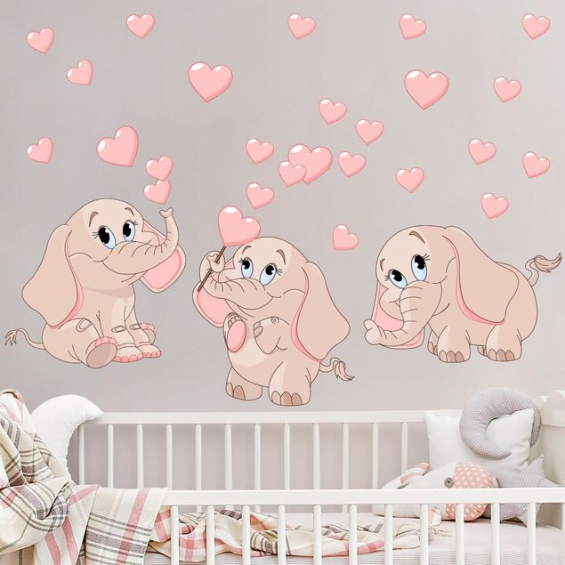 Børneværelse deco Three pink elephant babies with hearts