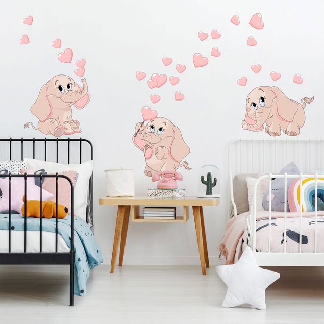 Wallstickers dyr Three pink elephant babies with hearts