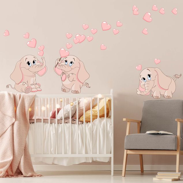 Wallstickers kære Three pink elephant babies with hearts