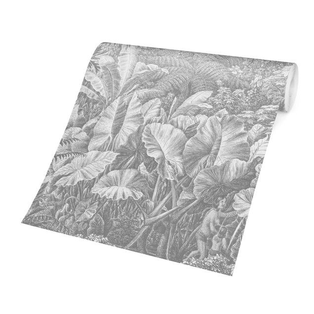 Tapet grå Jungle Copperplate Engraving