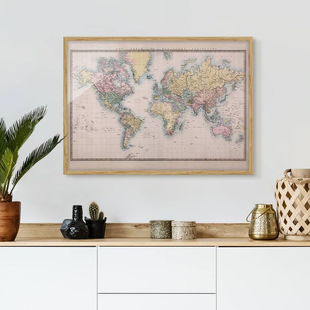 Indrammede plakater verdenskort Vintage World Map Around 1850