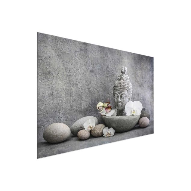Glasbilleder spirituelt Zen Buddha, Orchid And Stone