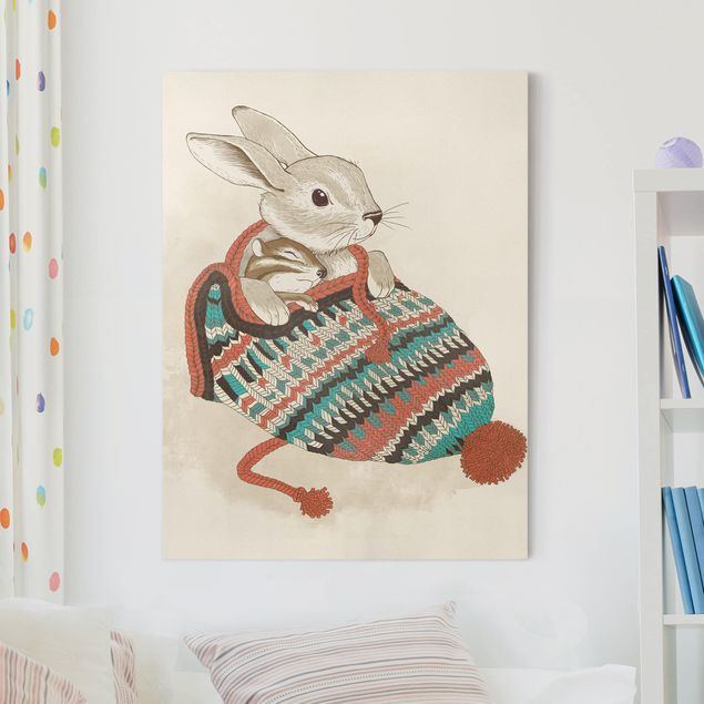 Lærredsbilleder Illustration Cuddly Santander Rabbit In Hat