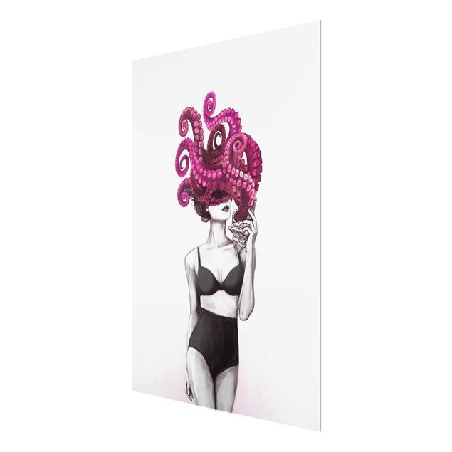 Glasbilleder sort og hvid Illustration Woman In Underwear Black And White Octopus