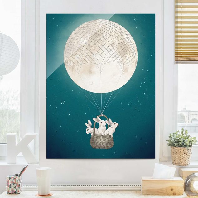 Glas magnettavla Illustration Rabbits Moon As Hot-Air Balloon Starry Sky