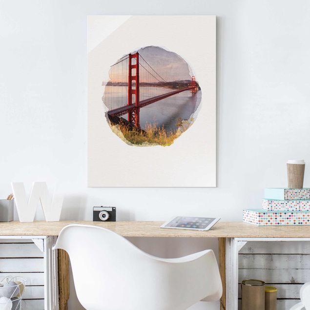 Glasbilleder arkitektur og skyline WaterColours - Golden Gate Bridge In San Francisco
