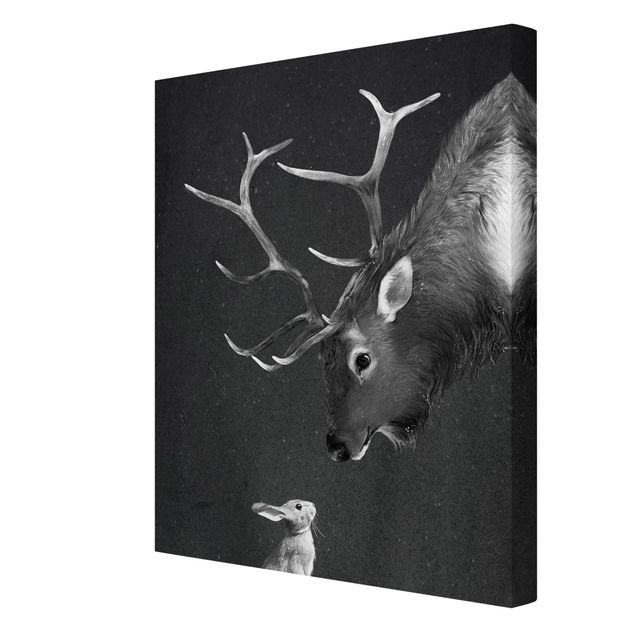 Billeder på lærred kunsttryk Illustration Deer And Rabbit Black And White Drawing
