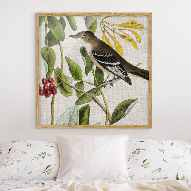 Indrammede plakater blomster Bird On Linen Yellow II