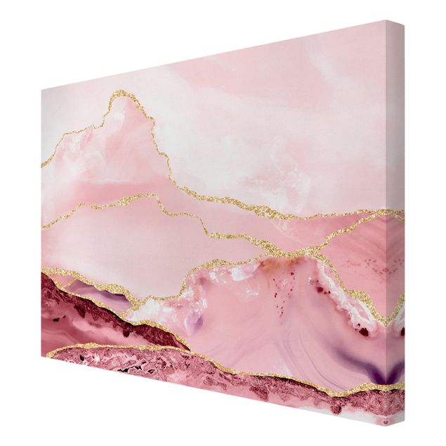 Billeder på lærred mønstre Abstract Mountains Pink With Golden Lines