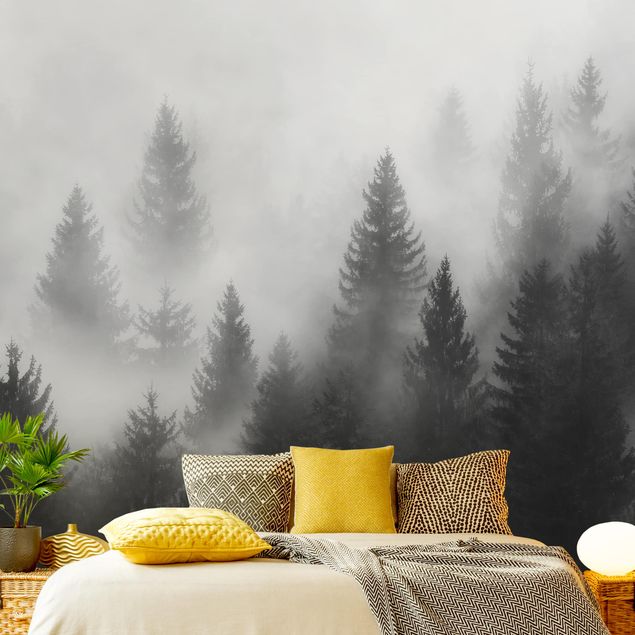 Moderne tapet Coniferous Forest In The Fog Black And White