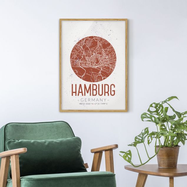 Indrammede plakater sort og hvid Hamburg City Map - Retro