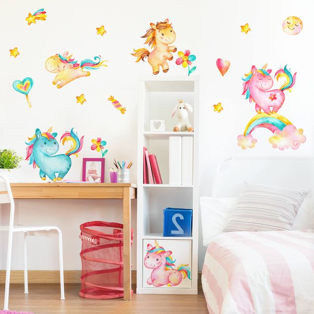Wallstickers dyr Unicorn watercolor nursery set