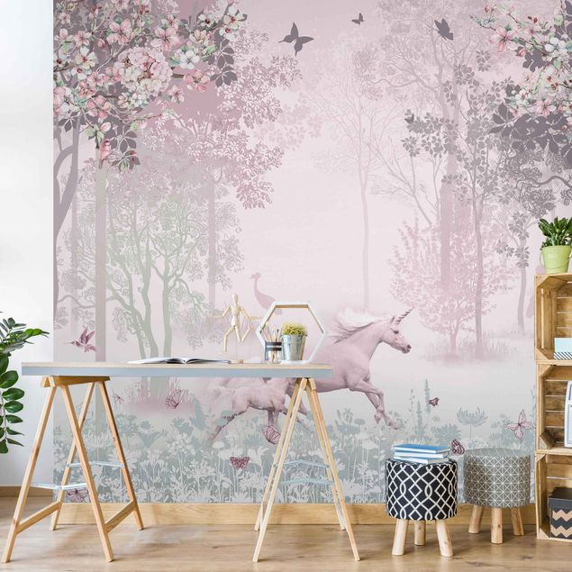 Moderne tapet Unicorn On Flowering Meadow In Pink