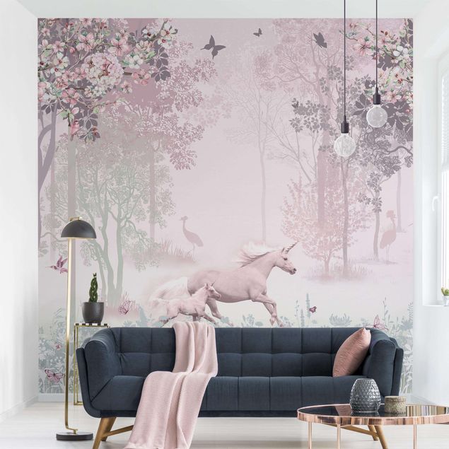 Fototapet landskaber Unicorn On Flowering Meadow In Pink