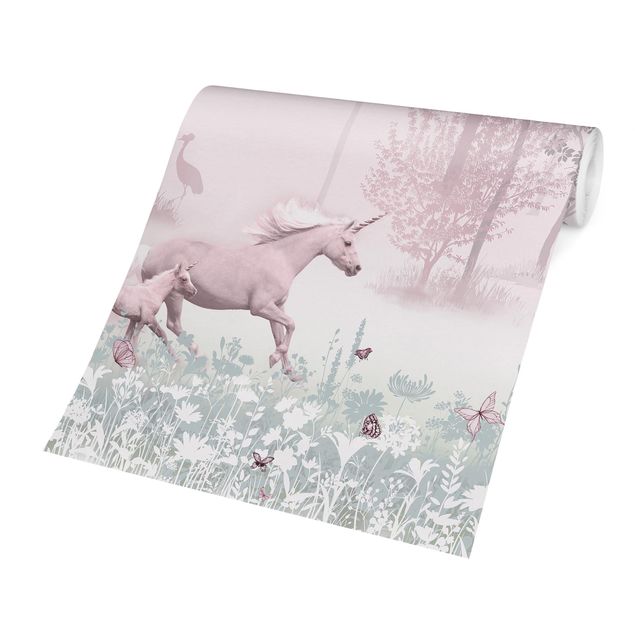 Skovtapet Unicorn On Flowering Meadow In Pink