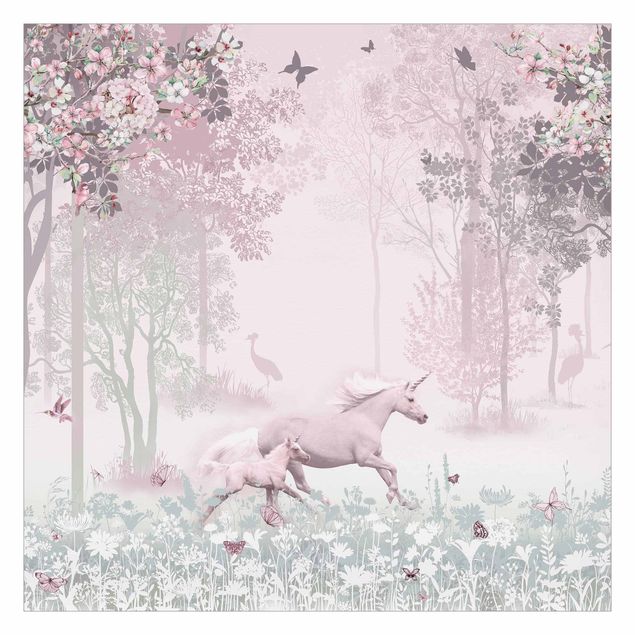 Lyserød tapet Unicorn On Flowering Meadow In Pink