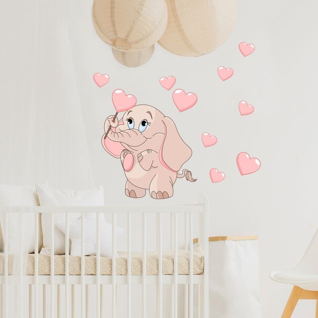 Wallstickers kære Elephant baby with pink hearts