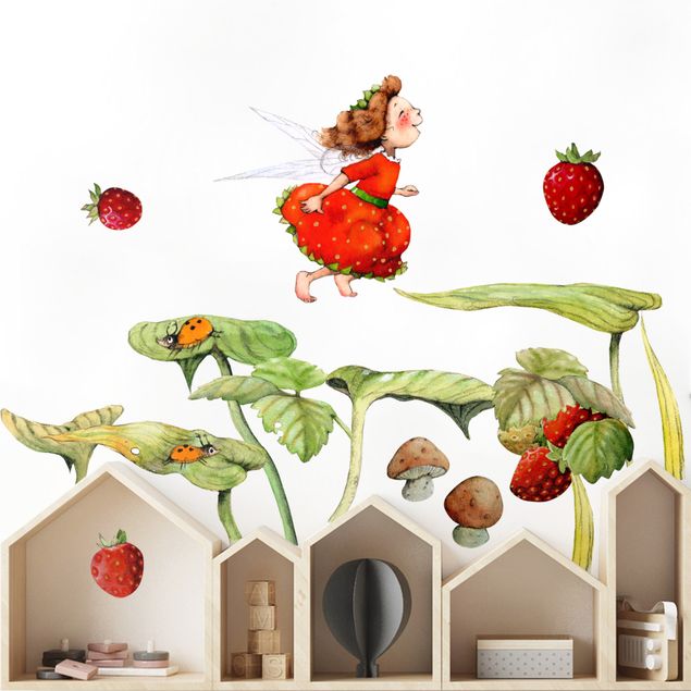 Wallstickers skovens dyr Strawberries strawberry fairy - leaves and strawberries