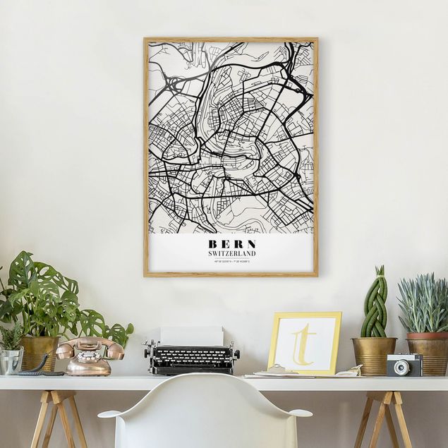 Indrammede plakater sort og hvid Bern City Map - Classical