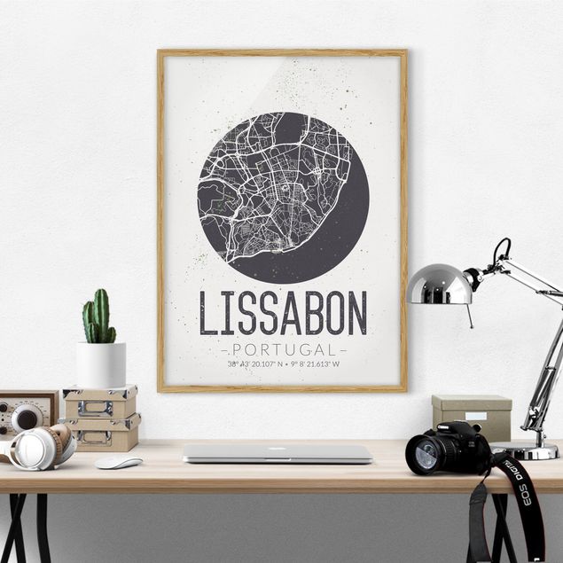 Indrammede plakater sort og hvid Lisbon City Map - Retro