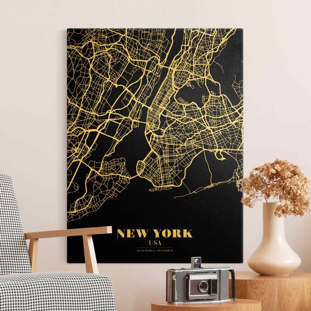 Billeder på lærred arkitektur og skyline New York City Map - Classic Black